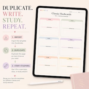 A tablet displays a classic flashcards template next to three steps for using digital study templates.