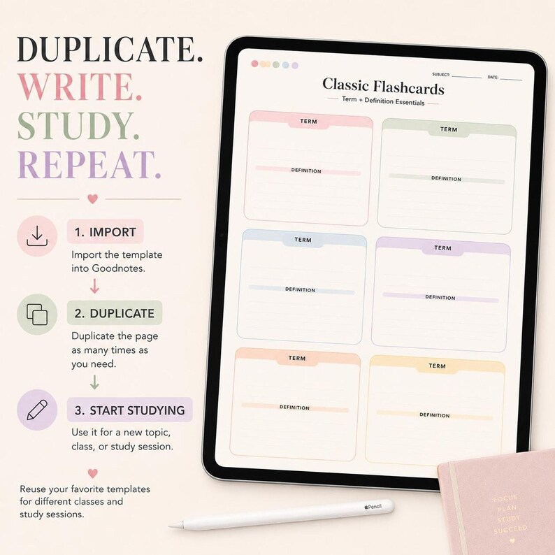 A tablet displays a classic flashcards template next to three steps for using digital study templates.