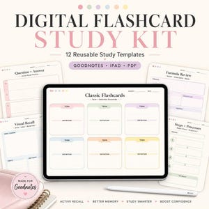 Sjabloon voor flashcards, Pastel Goodnotes studiekit PDF met 12 herbruikbare pagina's