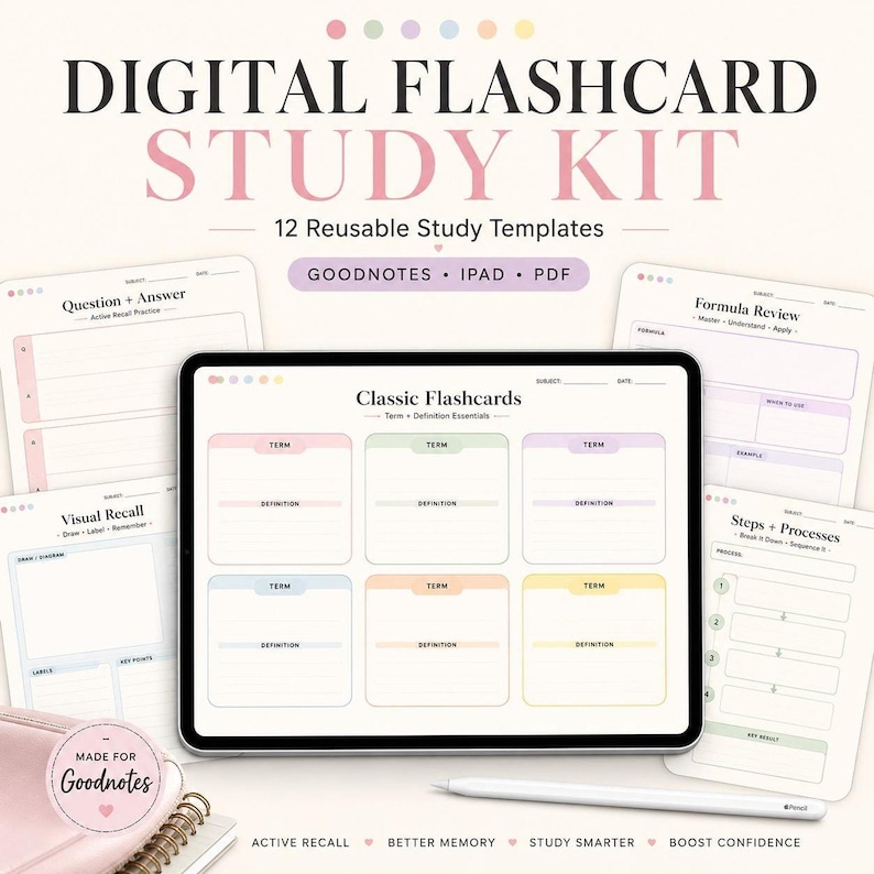 A tablet displaying a classic flashcard study template rests on a desk next to a stylus and a pink notebook.