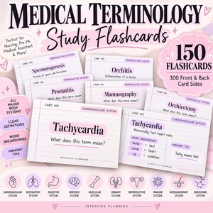 150 tarjetas de vocabulario médico / Tarjetas de estudio de enfermería imprimibles / Definiciones y análisis de palabras