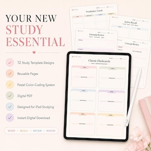 A tablet displays a classic flashcard template surrounded by several other pastel digital study templates.