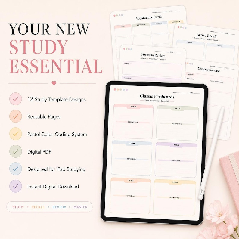 A tablet displays a classic flashcard template surrounded by several other pastel digital study templates.