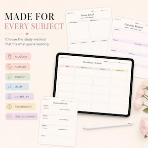 A tablet showing vocabulary cards and other study templates lies on a desk next to a stylus.