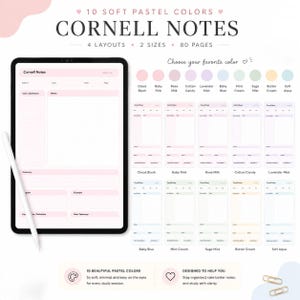 May include: Digital Cornell notes template displayed on a tablet with a stylus. The set includes 10 soft pastel colours, 4 layouts, 2 sizes, and 80 pages. Text includes 10 SOFT PASTEL COLOURS, CORNELL NOTES, 4 LAYOUTS, 2 SIZES, 80 PAGES, and colour names.