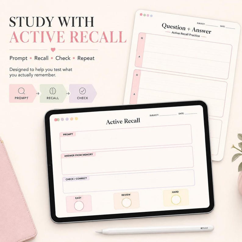 A tablet displays an active recall study template with prompt, answer, and review sections on a desk.
