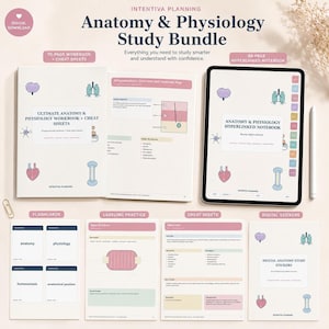 May include: Anatomy and Physiology Study Bundle featuring a 70-page workbook, an 88-page hyperlinked digital notebook on a tablet, flashcards, labeling practice sheets, cheat sheets, and digital stickers with anatomical illustrations and text.