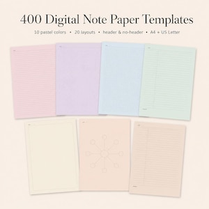 Op de afbeelding: Een verzameling van 400 digitale notitiepapier-sjablonen in 10 pastelkleuren en 20 lay-outs, inclusief A4- en US Letter-formaten. De sjablonen bevatten diverse ontwerpen zoals gelinieerde, geruite, gestippelde en blanco pagina's met koptekstopties.