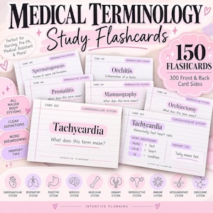 Medical Terminology Flashcards, 150 Printable Nursing Study Cards with Definitions