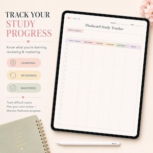 A tablet shows a flashcard study tracker template with columns for new cards, learning, reviewing, and mastering.