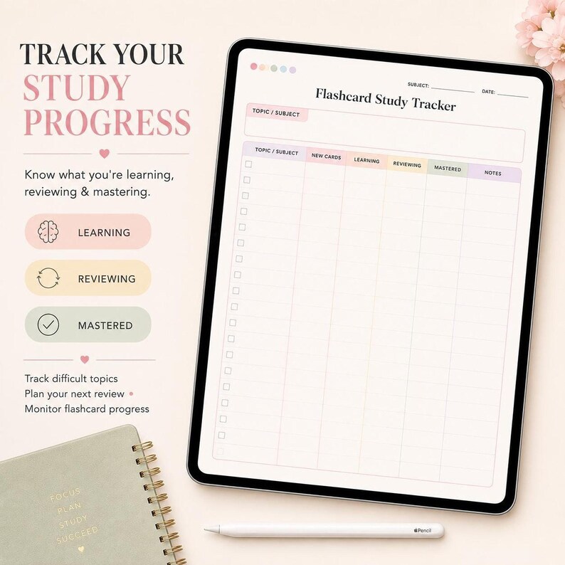 A tablet shows a flashcard study tracker template with columns for new cards, learning, reviewing, and mastering.
