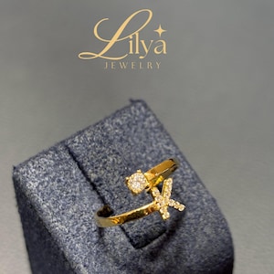Anillo con la letra K, oro macizo de 14 quilates, inicial de circonita, anillo con el alfabeto de oro, delicado regalo personalizado, joyería con letras de circonita, regalo para ella