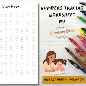 May include: A numbers tracing worksheet featuring the title Numbers, rows of dotted numbers from 1 to 10, and the text Numbers Tracing Worksheet by Studio Strawberry Blonde Est. 2026. Includes a colourful array of crayons and an illustration of two people.