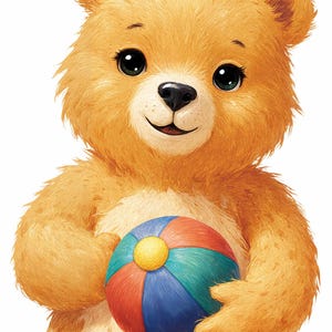 Clipart de un lindo oso de peluche con una bola de colores, fondo transparente, ilustración de oso, arte mural, alta calidad, descarga digital