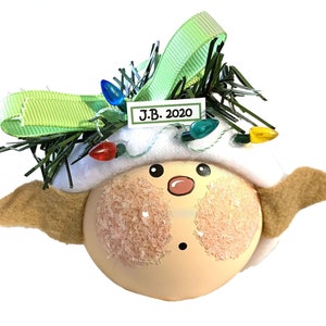 May include: A whimsical Christmas ornament shaped like a round-faced character with tan ears and a surprised expression. It has a white hat, green ribbon, and string lights. The ornament is labeled "J.B. 2020".