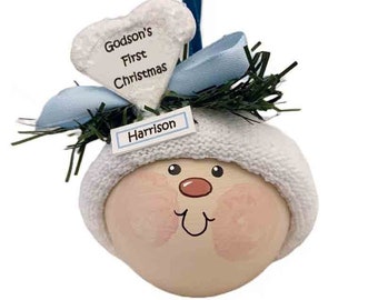 Godson's First Christmas Gift Ornament White Heart Townsend Custom Gifts Fleshtone Face