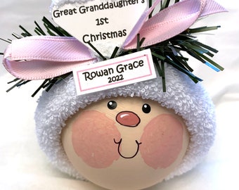 Great Granddaughter's First 1st Christmas Ornaments White Heart Townsend Custom Gifts BABY FACE SAMPLE   CA22