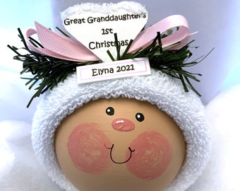 Hispanic Great Granddaughter's First 1st Christmas Ornaments White Heart Townsend Custom Gifts Dark Complexion Face SAMPLE CA22