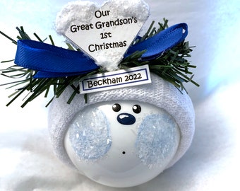 Our Great Grandsons 1st First Christmas Gift Ornaments Heart Personalized by Townsend Custom Gifts BLUE CHEECKS SAMPLE  CA23