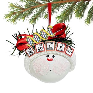 May include: A white snowman Christmas ornament with a knitted hat and a red nose. The ornament has a DNA strand and periodic table elements. The year 2023 is printed on the ornament. The ornament is hanging from a red ribbon.