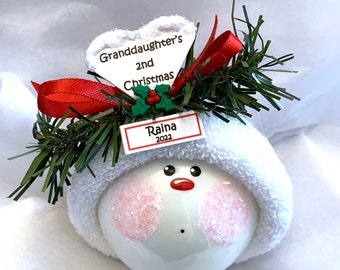 Granddaughter Grandson 2nd Second Christmas Gift Ornaments White Heart Holly Berry Townsend Custom Gifts Red Ribbon SAMPLE   W108  1502 A