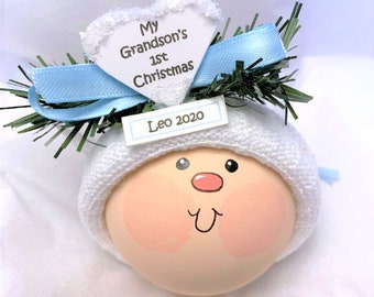 My Grandson's 1st First Christmas Ornaments White Heart Townsend Custom Gifts FLESHTONE FACE SAMPLE   CA44