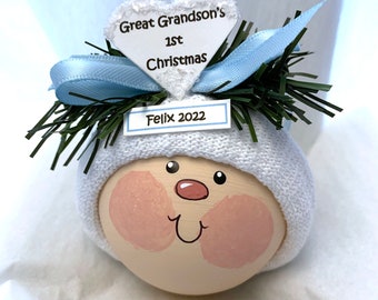 Great Grandson's First 1st Christmas Ornaments White Heart Townsend Custom Gifts FLESHTONE FACE SAMPLE  CA23