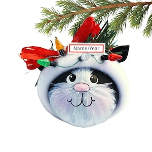 Cat Christmas Ornament Black and White with String of Lights Red Townsend Custom Gifts -