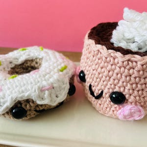 Iced with sprinkles donut and coffee handmade stuffed crochet set.