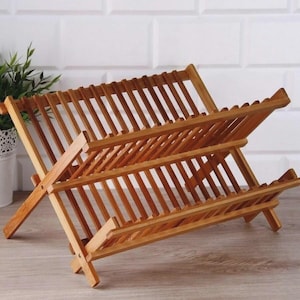 Wooden Dish Rack – Handmade Rustic Plate Organizer for Kitchen Countertop