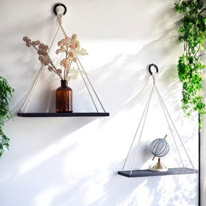 Boho Single Wood Hanging Rope Shelf - Rustic Handmade Plant Shelf, Gift for home decor, Set of 2