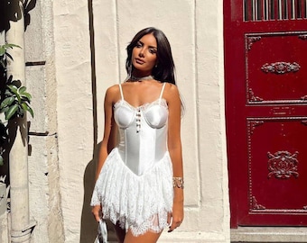 White Ruffle Detailed Mini Corset Dress