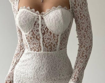 White Lace Corset Midi Dress