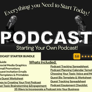 May include: A promotional graphic for a podcast starter bundle. The image features the word "PODCAST" in large, white, 3D letters, with microphones on either side. Text includes "Everything you Need to Start Today!" and a list of included items.