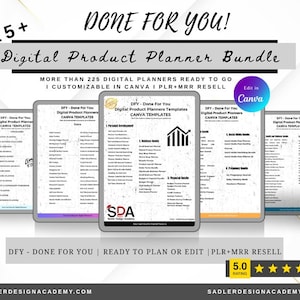 Pacote com mais de 225 planejadores de produtos digitais prontos para você (DFY)! Modelos editáveis do Canva, rastreadores, diários e modelos com direitos PLR + MRR.