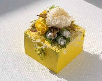Decorated ring box , gift box, jewellery box, artificial flowers, wedding ring box, satin ribbon flowers, gift, ring box, wood box, box