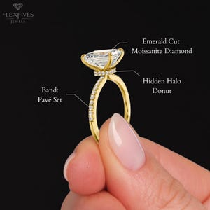 Emerald Cut Moissanite Pavé + Hidden Halo Donut Ring | 3.00 CT Ring | 14K Gold Engagement Ring | Anniversary Ring For Women | Gift For Her