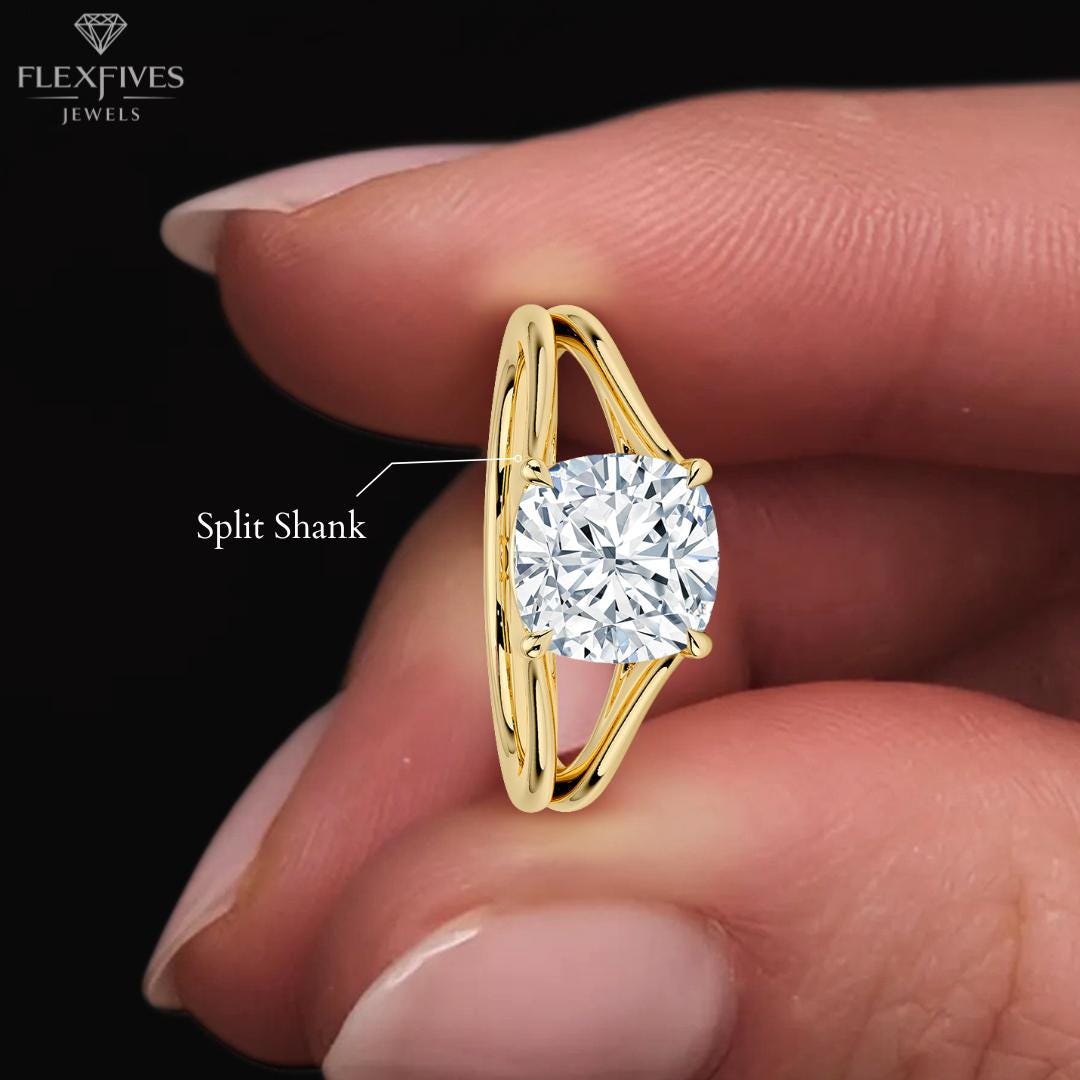 2 CT Cushion Cut Moissanite Diamond Ring | Split Shank Solitaire ...
