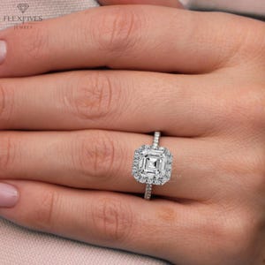 4.00 CT Asscher Cut Moissanite Halo Pavé Engagement Ring , Anniversary Gold Ring , 14K Gold Ring Women , Gold Pavé Ring , Promise Ring