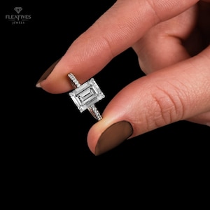 3.00 CT Moissanite Emerald Cut Hidden Halo Ring | Pavé Setting Gold Ring | Engagement Diamond Ring | Wedding Anniversary Ring | Ring For Her