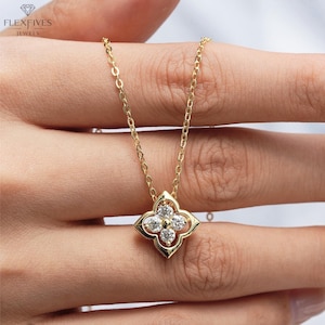 Moissanite Clover Necklace: Dainty Solid Gold Floral Pendant