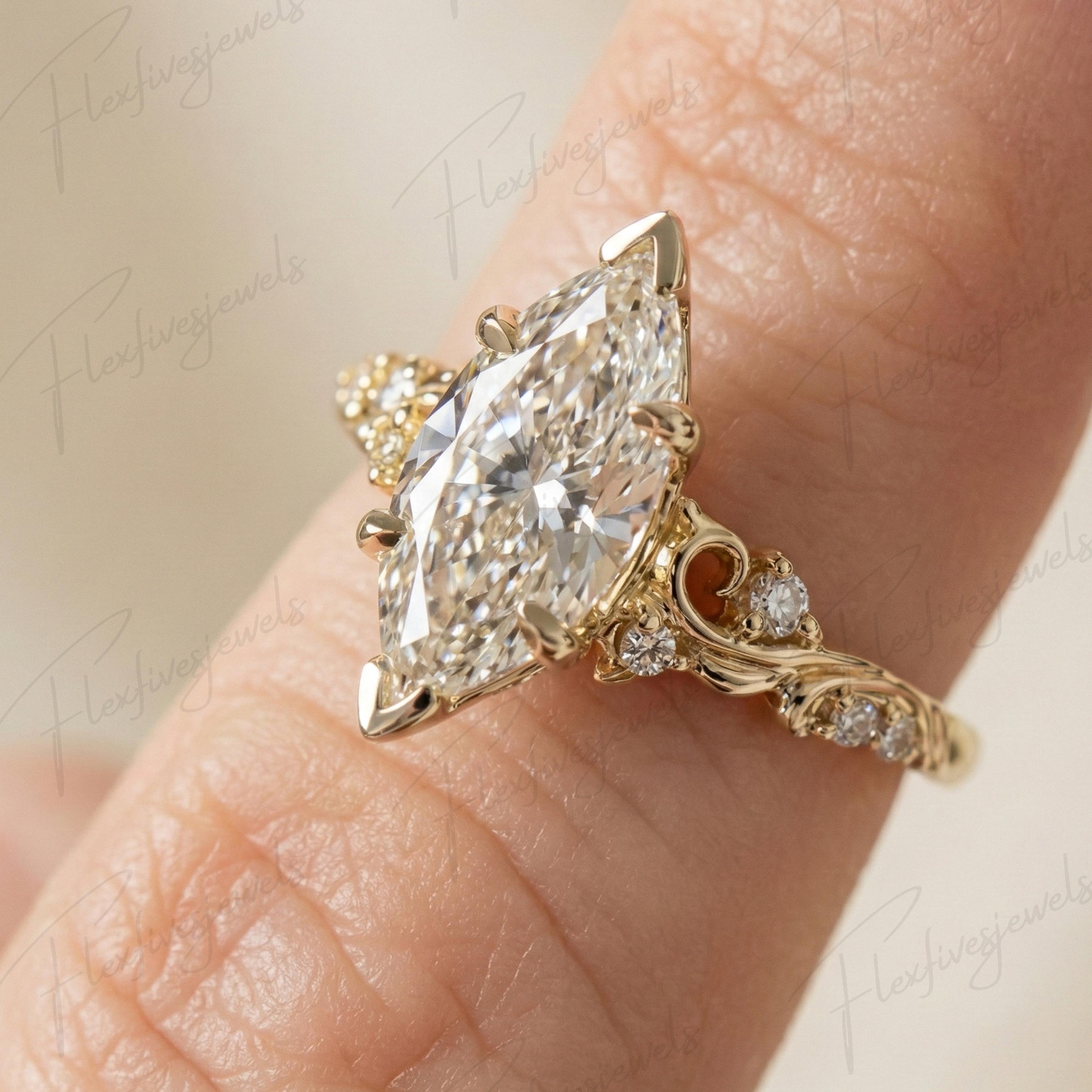 Vintage Marquise Moissanite Ring, 14k Gold Art Deco Engagement Ring, Engraved Shank Victorian Bridal Ring, Handcrafted Statement Ring Gift