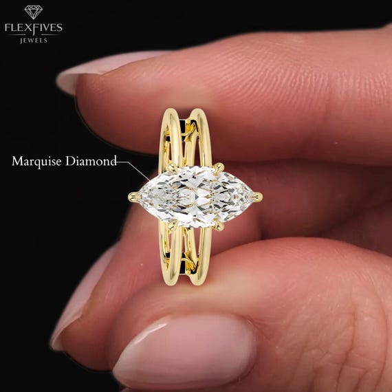 CT Marquise Cut Moissanite Diamond Ring Double Band Engagement