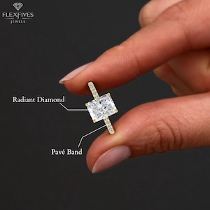 Radiant Cut Tulip Set Prong Moissanite Diamond Ring | 14K Gold Pavé Band Engagement Ring | Anniversary Ring | Wedding Ring For Women | Gift