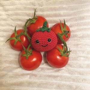 Könnte beinhalten: Eine Ansammlung reifer roter Tomaten mit grünen Stielen, die eine gehäkelte Tomate mit einem lächelnden Gesicht umgeben. Die handgefertigte Tomate hat schwarze Sicherheitsaugen und einen grünen gehäkelten Stiel.