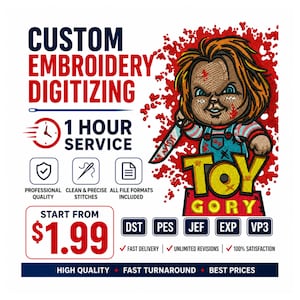 Op de afbeelding: Een digitale advertentie voor borduur-digitaliseringsdiensten met een cartoonfiguur met oranje haar die een mes vasthoudt, rode bloedspatten en de tekst TOY GORY. Bevat iconen voor kwaliteit, steken en bestandsformaten zoals DST, PES, JEF, EXP en VP3.