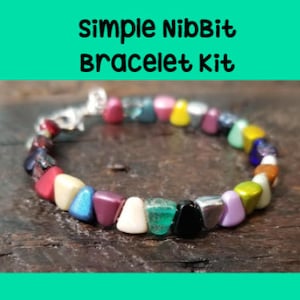 May include: A colourful bracelet kit with a silver clasp and a variety of glass beads in different shapes and colours. The beads are arranged in a circle on a wooden surface. The text "simple NibBit Bracelet Kit" is displayed above the bracelet.