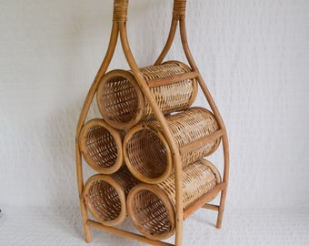 Vintage Wicker Wine Rack 5 Bottle Holder Wicker Boho Mid Century Wonky