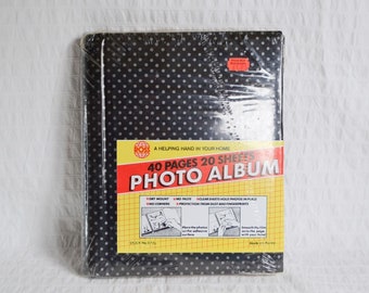 Vintage Photo Album, Deadstock Unused, 40 Page Album, Black Silver Polka Dots