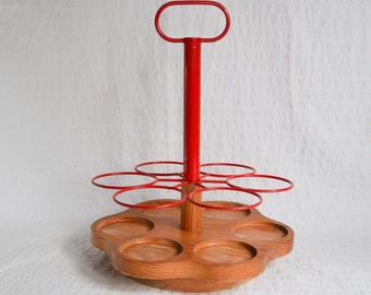 Vintage Wooden Wine Bottle Stand Holder On Rotating Lazy Susan, Red Metal Rack